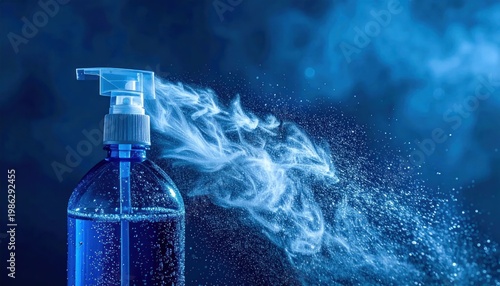 Blue liquid being sprayed from a clear plastic bottle in a dark environment.