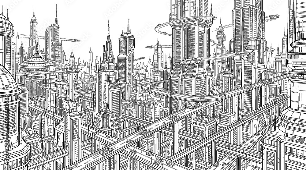 Fototapeta premium Futuristic Urban Metropolis with High-Rise Buildings and Advanced Transportation Systems
