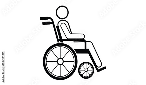 A simple black and white illustration depicts a person seated in a wheelchair conveying mobility assistance with a minimalist aesthetic silhouette high quality professional