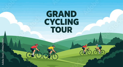 Vibrant Cyclists Embark On Grand Cycling Tour Through Lush Green Hills and Blue Skies