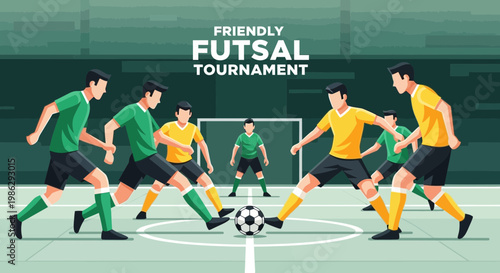 Vibrant Futsal Tournament Illustration Showcasing Dynamic Soccer Game Action with Teams Competing