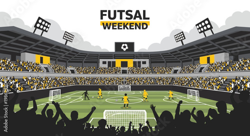 Vibrant Futsal Weekend Illustration Depicting Stadium Action and Enthusiastic Spectators