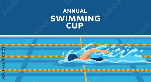 Vibrant Illustrated Display of an Annual Swimming Competition with Energetic Swimmer