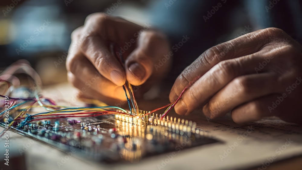 Obraz premium Hands Assembling Circuit on Breadboard