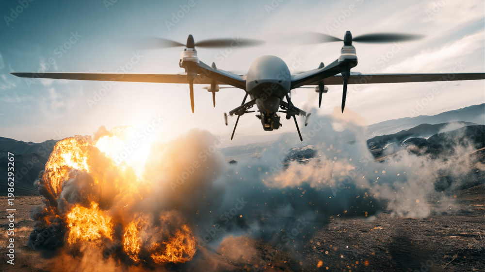 Obraz premium Military drone observes an explosion in a dramatic landscape scene