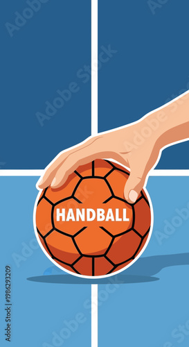 Vibrant Handball Illustration: A Player's Touch on the Orange Game Ball and Court