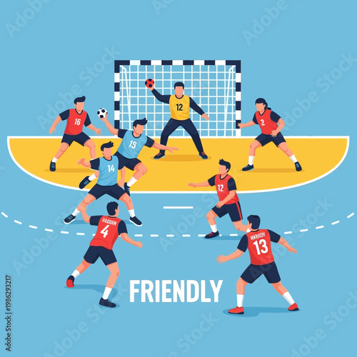 Vibrant Handball Match Illustration Depicting Athleticism and Teamwork Dynamics in Play