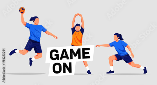 Vibrant Handball Players Celebrating Game Readiness Illustrated in Energetic Action