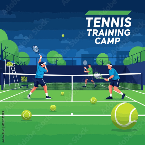Vibrant Illustration Depicting Tennis Training, Showing Active Players and Sporting Camp