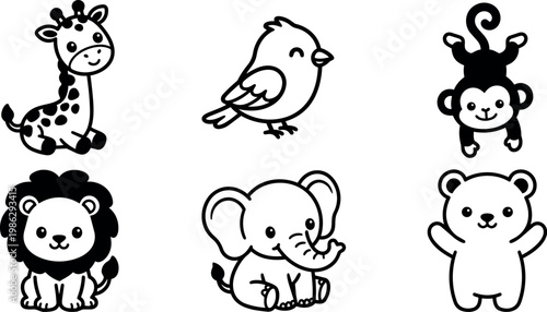 Cute black and white cartoon animal characters including giraffe bird monkey lion elephant and bear
