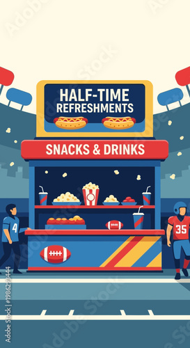 Vibrant Illustrated Snack and Drink Stand at a Football Game with Refreshments for Fans to Enjoy
