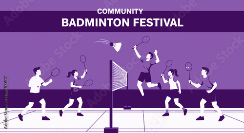 Vibrant Illustration of Community Badminton Festival Showing People Playing Together