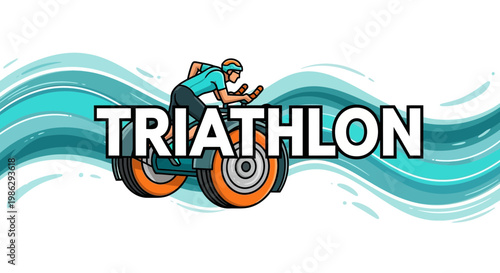 Vibrant Illustrated Triathlon Composition: Sporty Cyclist on Bike with Dynamic Wave Background