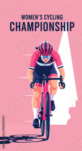 Vibrant Illustrated Woman Cyclist Racing in Championship Competition, Pink Background