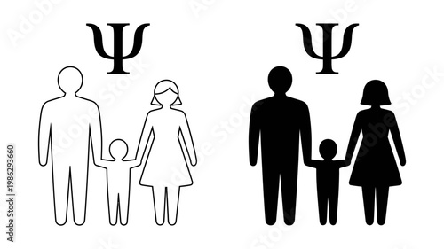 A family silhouette with a psi symbol above, representing psychology and family dynamics.