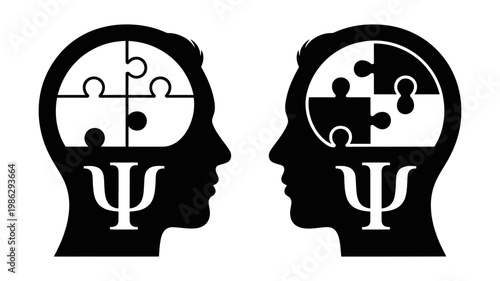 Two human profiles with puzzle pieces in their heads and a psi symbol, illustrating psychological therapy.