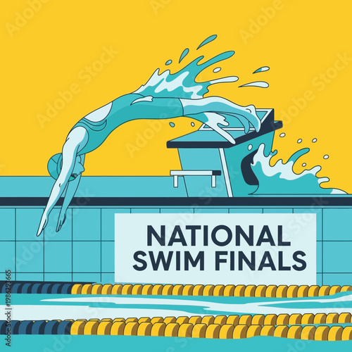 Vibrant Illustration Capturing a Competitive Diver Entering the Pool During Finals Event