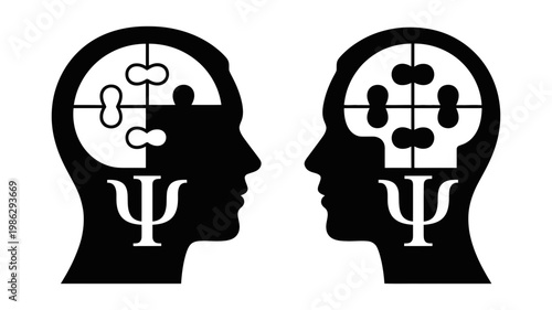 Two distinct human head profiles with jigsaw puzzles and psi symbols, symbolizing different psychological perspectives.