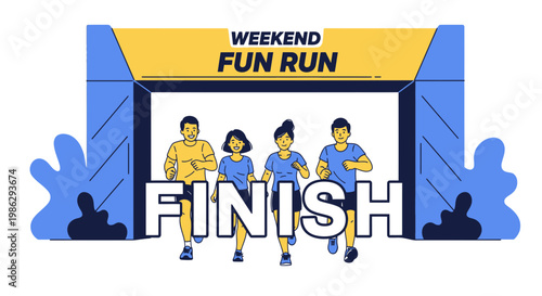 Vibrant Illustration of Weekend Fun Run Event With Group of Runners Crossing Finish Line