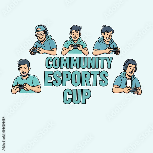 Vibrant Illustration Depicting a Community Esports Cup Featuring Enthusiastic Gamers Playing