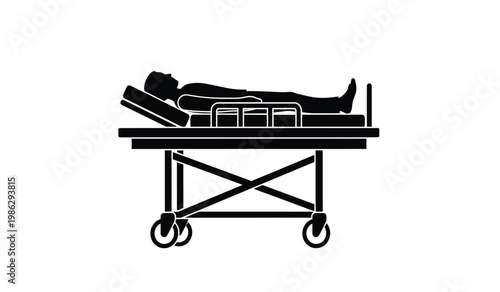 A stark depiction of a patient lying on a hospital gurney rendered in a bold black silhouette high quality professional detailed modern elegant stylish