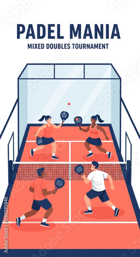 Vibrant Illustration Depicting a Padel Tournament Featuring Four Active Competitors and Court