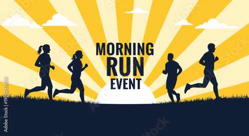 Vibrant Morning Run Event Silhouette Graphics With Sunburst Background