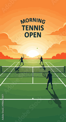 Vibrant Morning Tennis Open Tournament Match Play Silhouette Scene
