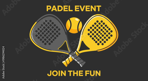 Vibrant Padel Event Illustration Displaying Rackets and Ball with a Dark Backdrop