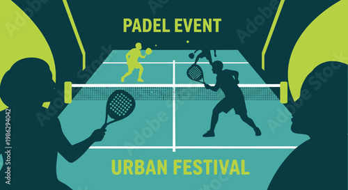 Vibrant Padel Event Illustration Displaying Urban Festival Atmosphere and Sporting Action