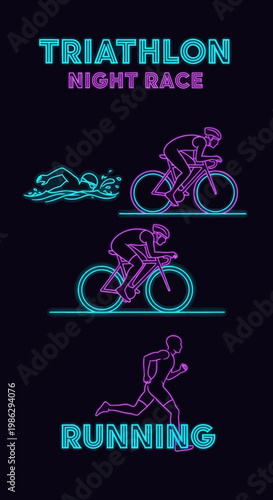 Vibrant Neon Illuminated Triathlon Night Race Illustration Design Artwork in Vertical Format