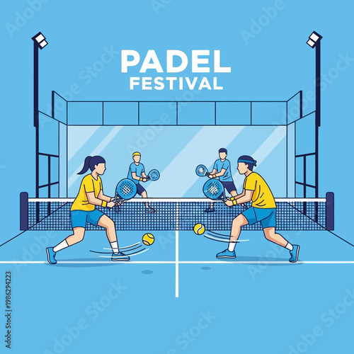 Vibrant Padel Festival Illustration Capturing Energetic Players and Dynamic Gameplay, Adobe Stock