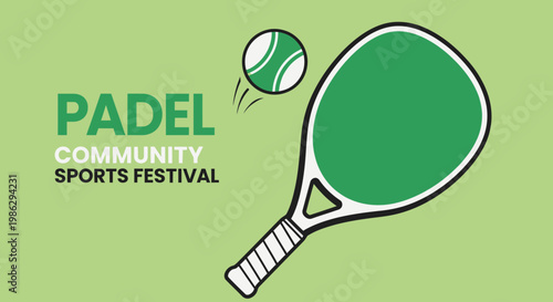 Vibrant Padel Festival Illustration with Court Racket and Flying Ball on Green Background