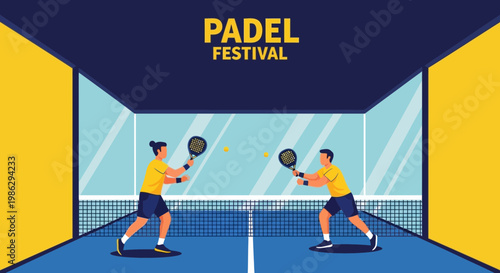 Vibrant Padel Festival Illustration Depicting Players Engaging In Intense Sport Competition