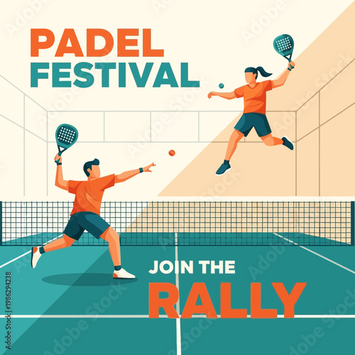 Vibrant Padel Festival Illustration: Dynamic Players in Action, Perfect for Sports Marketing