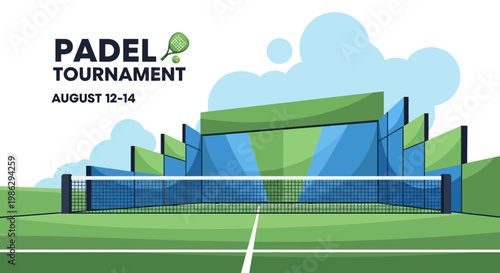 Vibrant Padel Tournament Advertisement Featuring Court, Net, and Atmospheric Cloudy Backgrounds