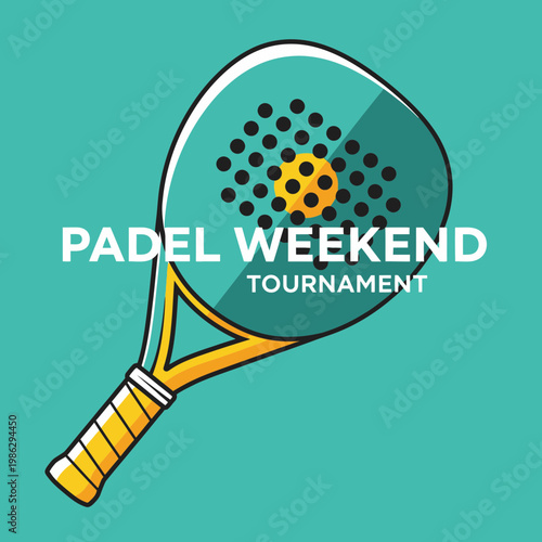 Vibrant Padel Weekend Tournament Illustration Featuring Sports Equipment and Teal Background