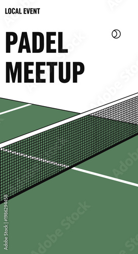 Vibrant Padel Meetup Event Announcement Poster Featuring Court And Equipment Elements