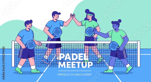 Vibrant Padel Meetup Illustration Showcasing Friendly Doubles Match and Team Spirit