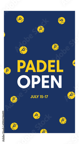Vibrant Padel Open Announcement Design Featuring Yellow Tennis Balls and Blue Backdrop