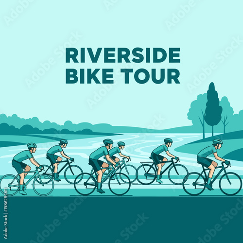 Vibrant Riverside Cycling Adventure: A Group Embarking on a Scenic Bike Tour Across the Landscape