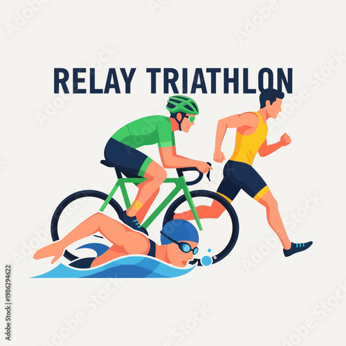 Vibrant Relay Triathlon Illustration Showcasing Athletes in Swim, Bike, and Run Form