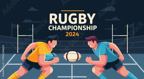 Vibrant Rugby Championship 2024 Illustration Featuring Two Athletes and a Ball