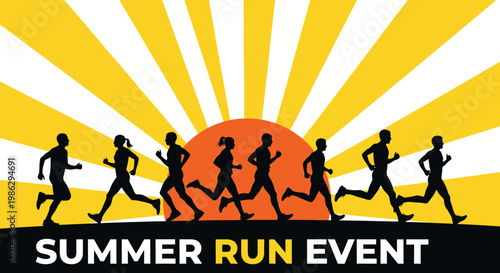 Vibrant Summer Running Race Event Silhouette With Sunburst Background