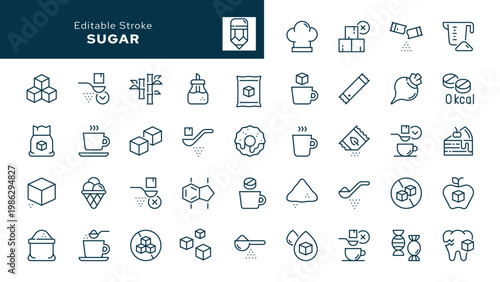 Sugar. Set of outline icons. Granulated sugar, lump sugar, cube, refined sugar, sweetener, portioned cane sugar, fructose, saccharide and more. Line icon in linear style. Vector collection	