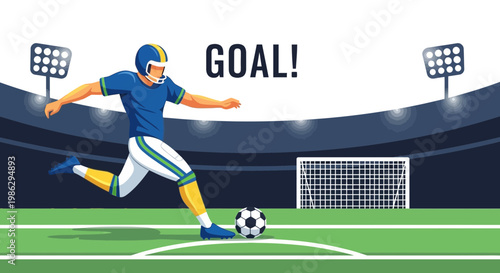 Vibrant Soccer Illustration Depicting a Football Player Kicking the Ball towards the Goal with