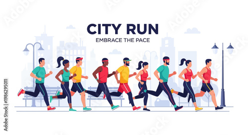Vibrant Urban Runners: An Energetic Illustration Of City Marathon And Fitness Activity