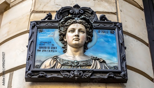 Decorative ceramic wall plaque with a woman's face, mounted on a building exterior