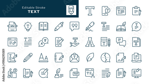 Text and writting. Set of outline icons. Read, words, copywriting, book, autor and writer. Line icon in linear style. Vector collection	