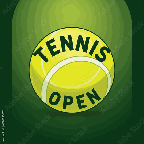 Vibrant Tennis Ball Illustration Announcing an Open Tournament on a Green Gradient Background